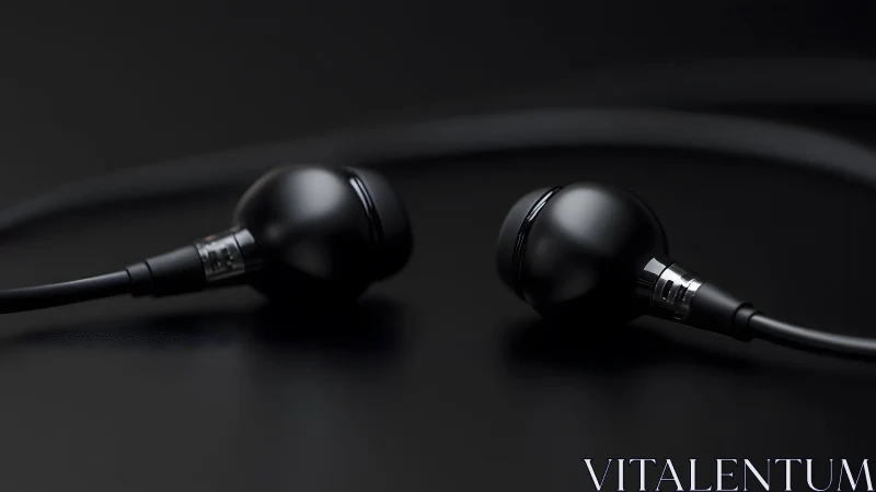 Sleek black wired earbuds on dark background, minimalist style.