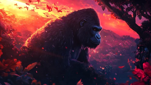 Gorilla overlooks dense forest at vivid red sunset sky