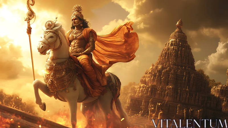 Warrior on armored white horse passes temple in golden light