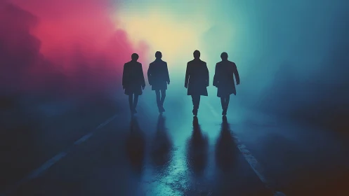 Silhouetted figures walking on wet road in colored fog.