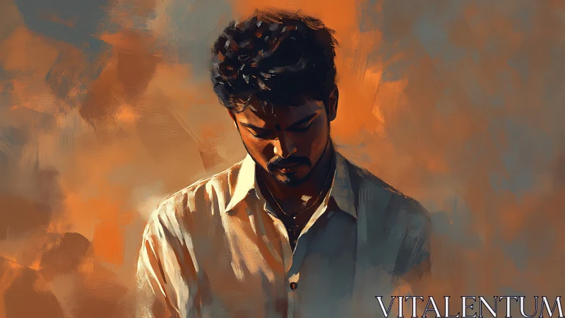 Solitary man in warm light against abstract brushwork backdrop.