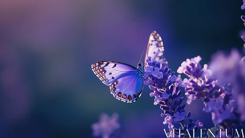 Blue butterfly rests on lavender in dreamy purple light