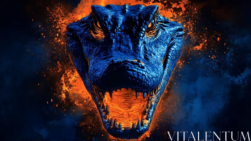 Blue reptilian head with open jaws on orange splatter field.