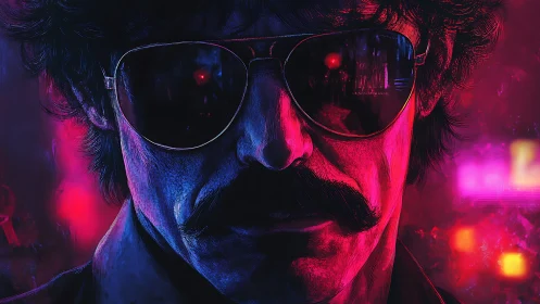 Neon-soaked vigilante studies the city through mirrored shades