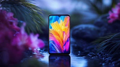 Smartphone with vivid display in moody nature scene.