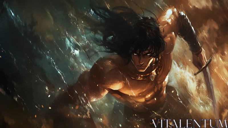 Dynamic warrior in diagonal motion with high-contrast rim lighting