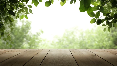 Wooden tabletop under leafy canopy with bright bokeh forest