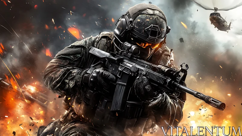 High-intensity tactical operator in explosive urban firefight.