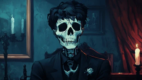 Skeletal figure in formal suit within dim candlelit room.