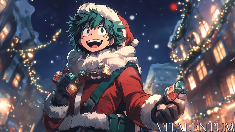 Anime hero in festive Santa costume smiles under winter lights