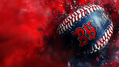 Baseball with red BB emblem appears amid red abstract field