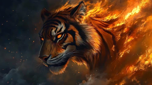 Digital painting of flaming tiger head in dynamic profile focus.