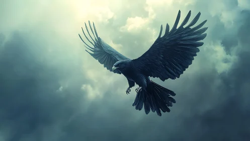 Raven soars through stormlit sky with outstretched wings.