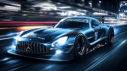 Sleek blue AMG race car surges through a glowing night city