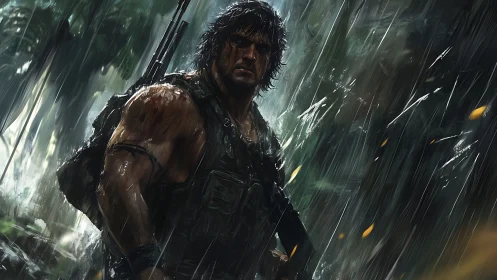 Storm-hardened jungle warrior stalks through silver rain.