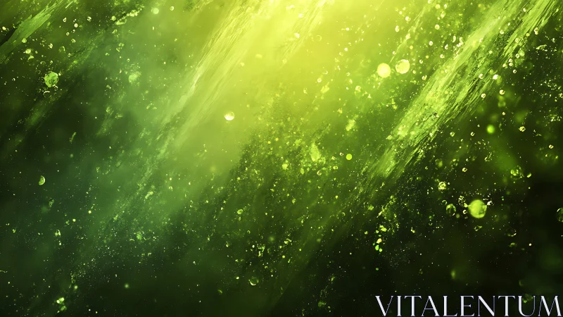Luminous green particles drifting through abstract light field.