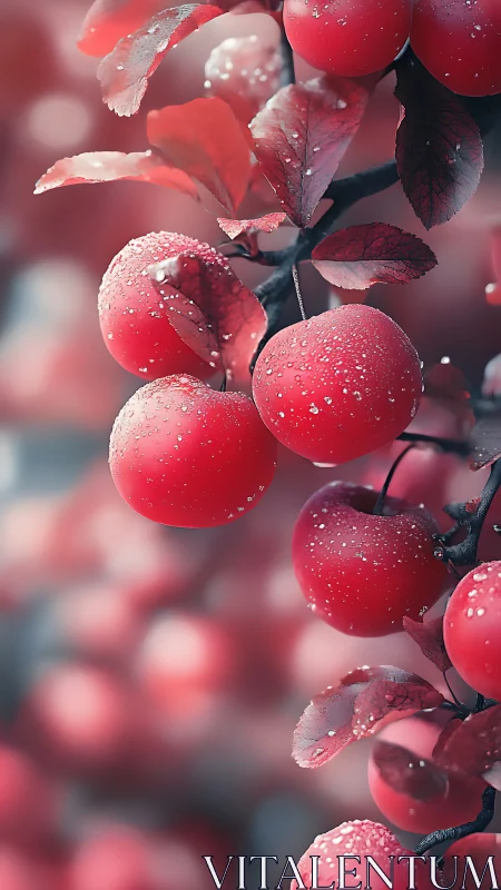 Red apples with dewdrops against soft pastel bokeh.