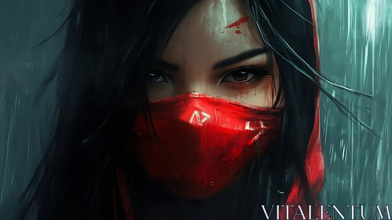 Hooded vigilante portrait with red mask and rain-streaked atmosphere.