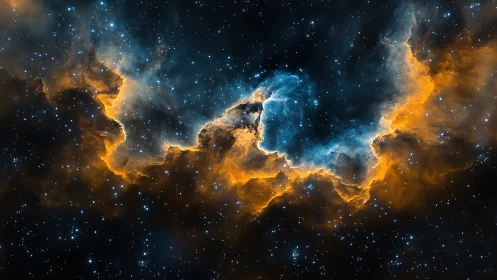 Deep space emission nebula with blue and orange gas clouds.