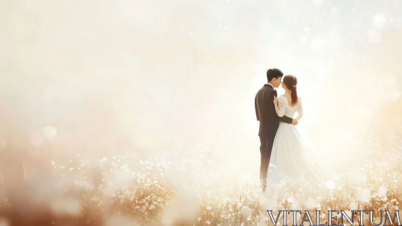Backlit bridal couple in ethereal high-key field composition.