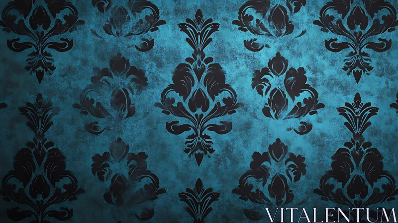 Ornamental damask pattern on textured teal background surface.