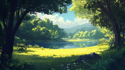 Luminous Valley: Sunlit River Through Ancient Forest Canopy.