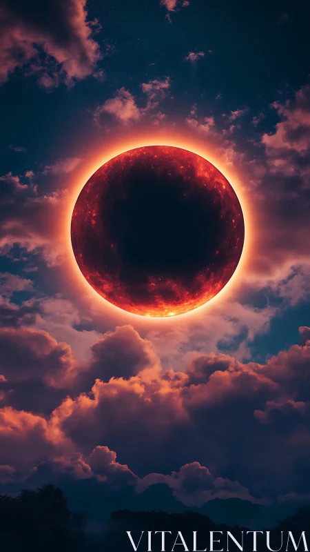 Dramatic fiery eclipse sphere dominates atmospheric dusk sky