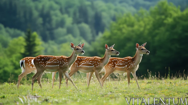 Four spotted deer walking in green forest meadow habitat.