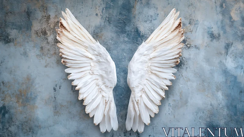 Weatherworn angel wings pinned to a dreamy blue wall.