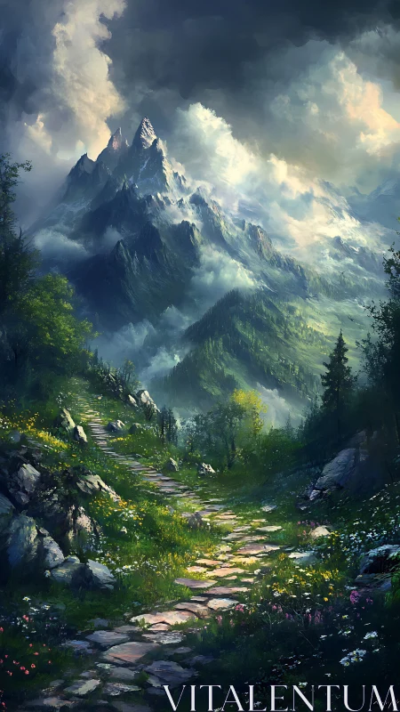 Stone mountain path curves toward distant snow peaks