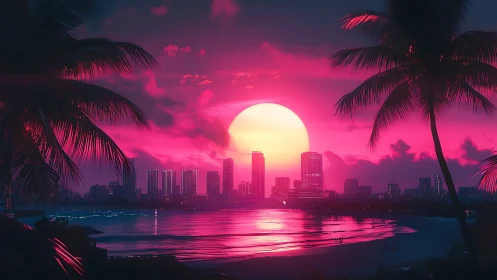 Neon sunset over city skyline and reflective shoreline.