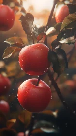 Red apples with water droplets on branch in soft light.