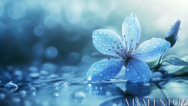 Blue Dew-Laden Bloom with Bokeh Backdrop.