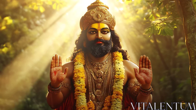 Sun-dappled forest god raises blessing hands in soft radiance