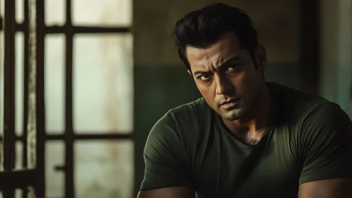 Brooding resolve sharpens under moody warehouse light