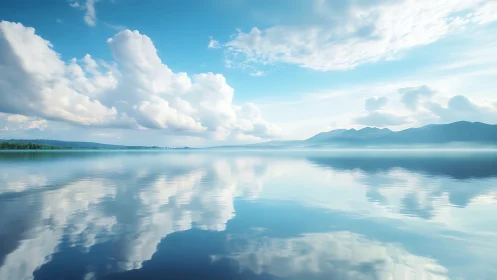 Calm mountain lake with clouds mirrored on water surface.