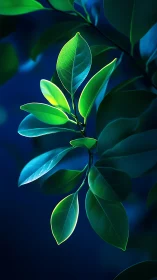 Green leaves glowing against deep blue background at night