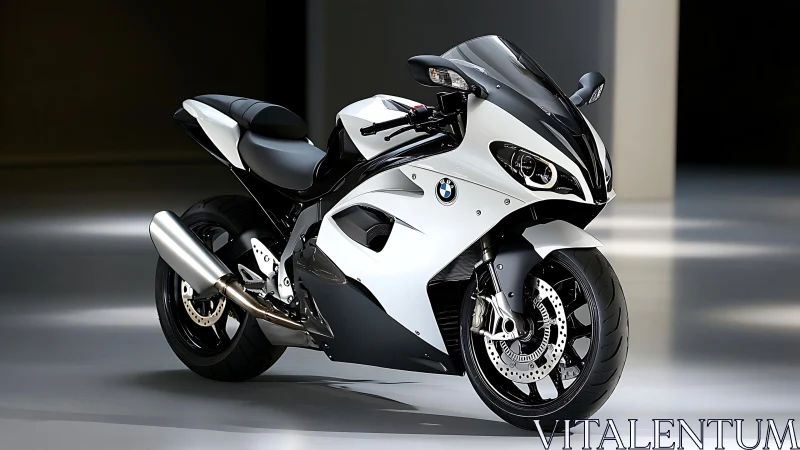 BMW sport motorcycle in studio with monochrome fairing finish.