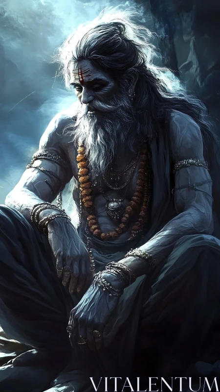 Digital painting of ascetic sage in cinematic chiaroscuro profile.