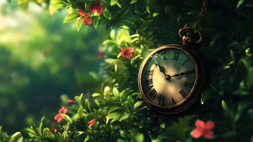 Golden pocket watch glowing softly in lush garden foliage.