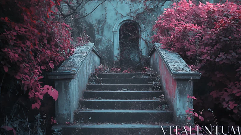 Infrared-toned abandoned stairway recedes into overgrown arch