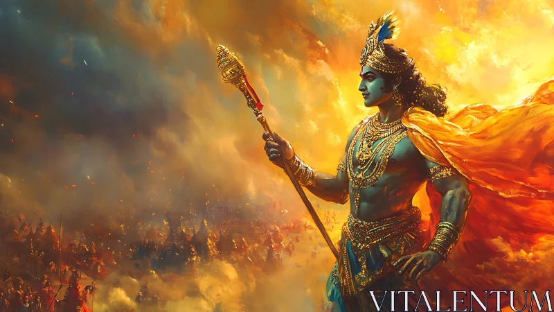 Regal blue-skinned warrior holding mace in fiery battlefield.