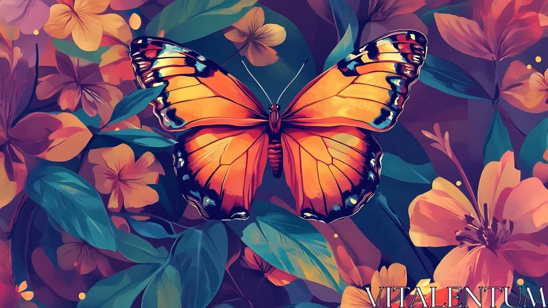 Vibrant orange butterfly spans stylized floral field in digital art