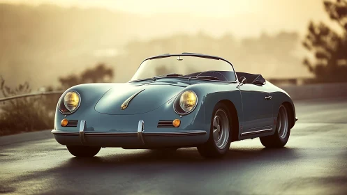 Vintage roadster cruises at sunrise along a quiet coastal highway.