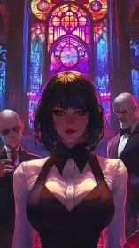 Violet-haired femme fatale beneath neon stained glass glow.