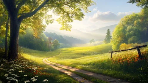 Sunlit rural valley path with morning mist and wildflowers