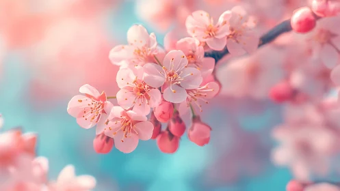 Pink Cherry Blossom Clusters with Shallow Depth of Field and Turquoise Sky