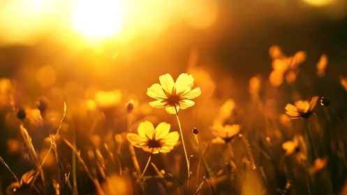 Wildflower field in low-angle golden backlighting at sunset.