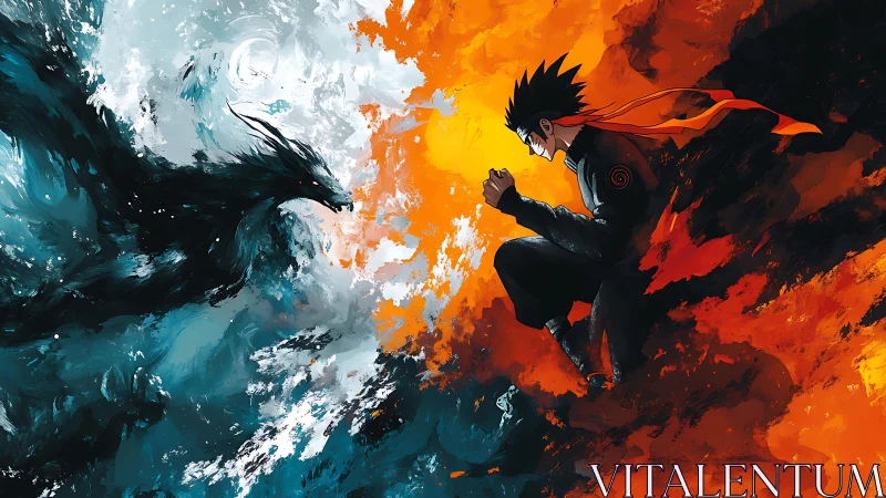 Dynamic anime duel with elemental dragon and fiery warrior