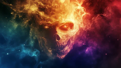 Volumetric flame skull emerges from multicolor nebular smoke field